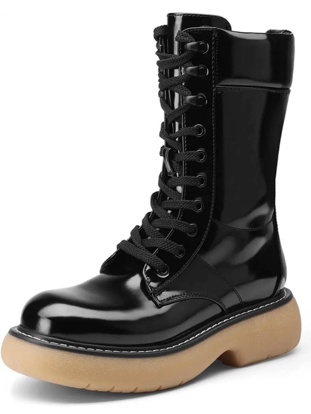 NWOT Dream Pairs Black Leather Lace-Up Combat Boots with Gum Sole, Size 8.5